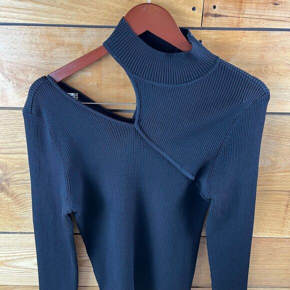 Halogen Shoulder Cutout Mock Neck Rib Sweater NWT Large Black - Picture 3 of 8